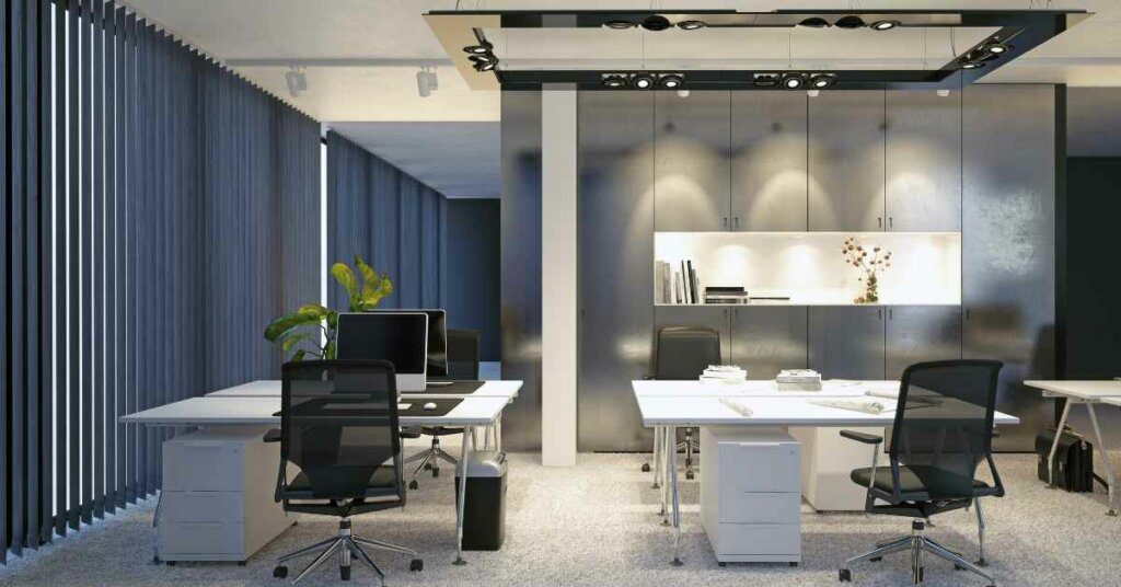 konsep kantor modern dengan meja berwarna putih dan kursi kerja warna hitam BPS distributor ATK Indonesia